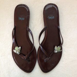 IMPO BeBop  8 1/2 M thong sandal; brown with green jeweled bee
